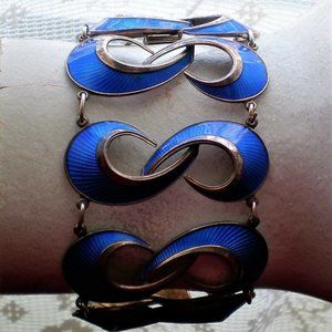 Vintage 1960's Hans Myhre Norway 925 S Sterling Silver Blue Enamel Wide Bracelet